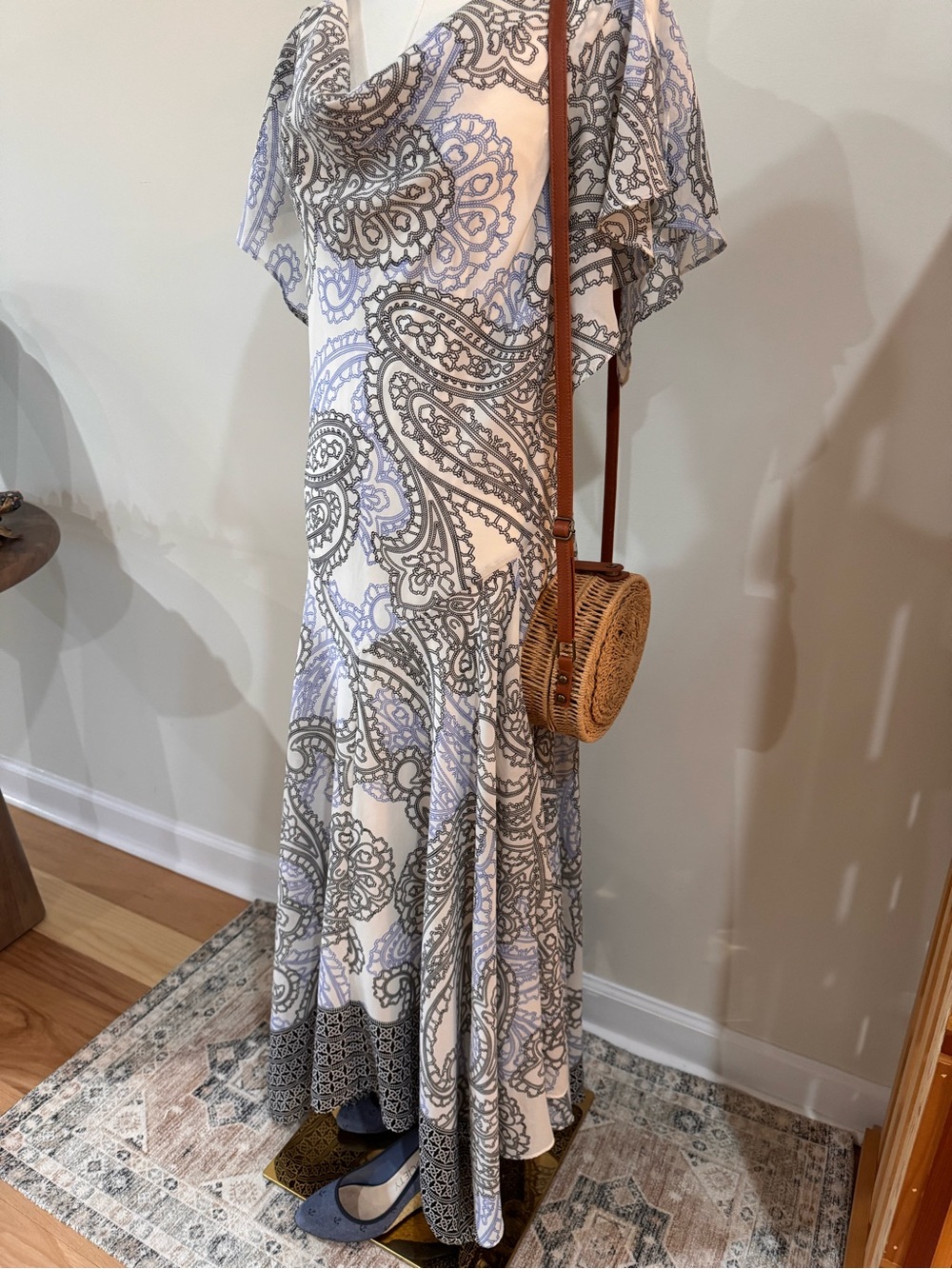 Boho Paisley Maxi Dress in White and Gray